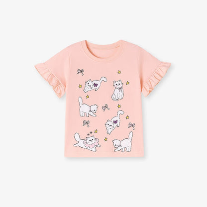 100% Cotton Cat Ruffle Sleeve Top & Striped Ruffle Shorts