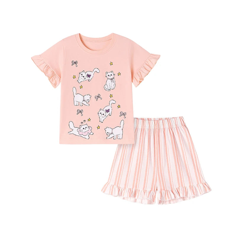 100% Cotton Cat Ruffle Sleeve Top & Striped Ruffle Shorts