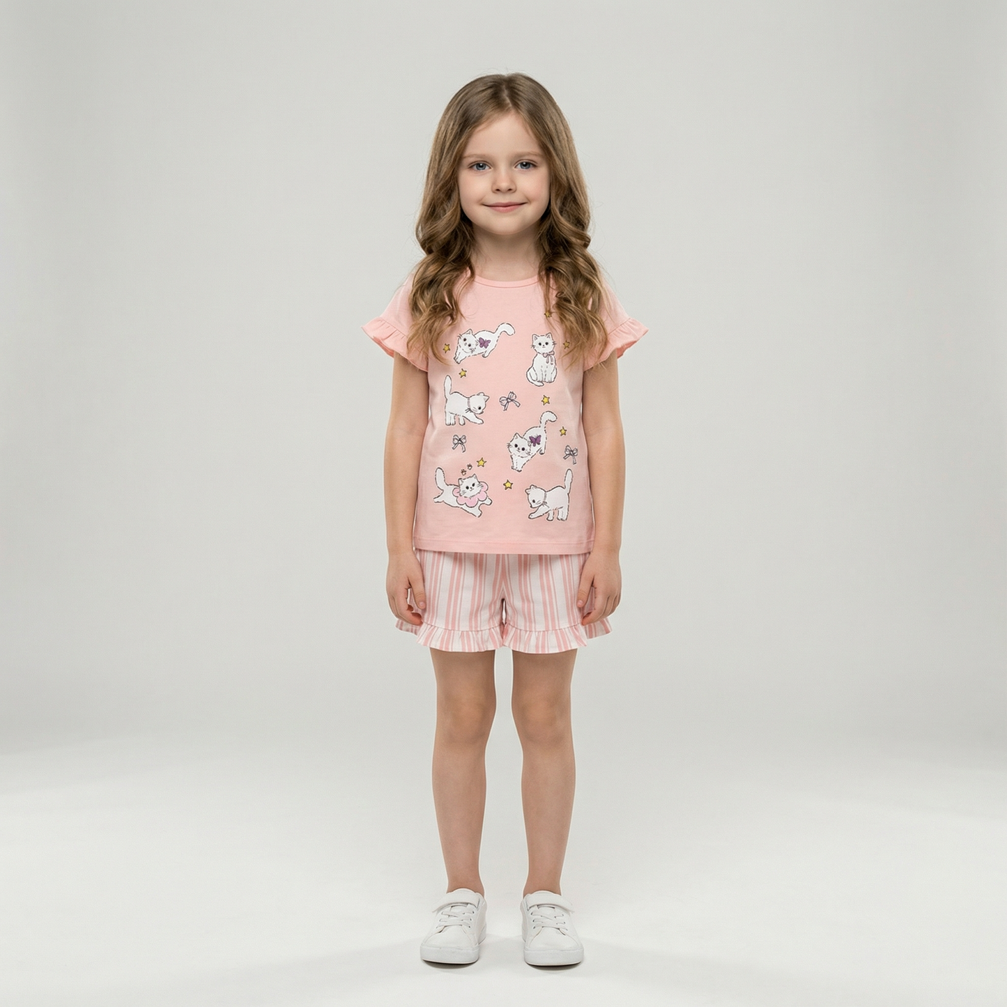 100% Cotton Cat Ruffle Sleeve Top & Striped Ruffle Shorts