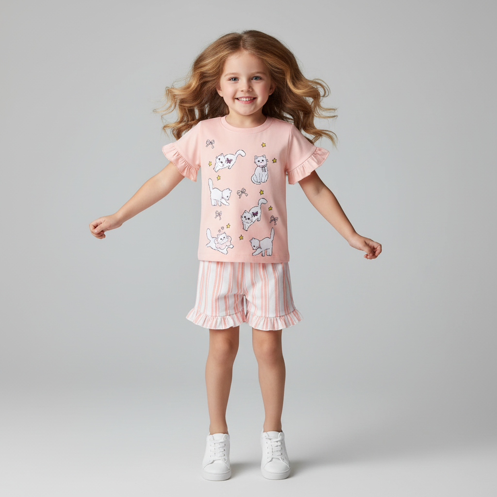 100% Cotton Cat Ruffle Sleeve Top & Striped Ruffle Shorts