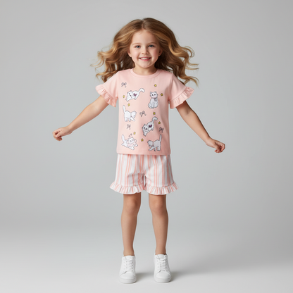 100% Cotton Cat Ruffle Sleeve Top & Striped Ruffle Shorts