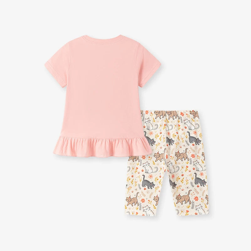 100% Cotton Pink Cat Ruffle Top & Capri Leggings Set