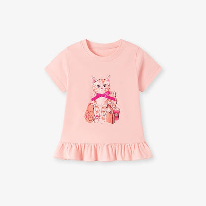 100% Cotton Pink Cat Ruffle Top & Capri Leggings Set