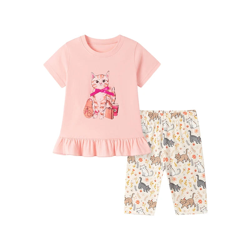 100% Cotton Pink Cat Ruffle Top & Capri Leggings Set