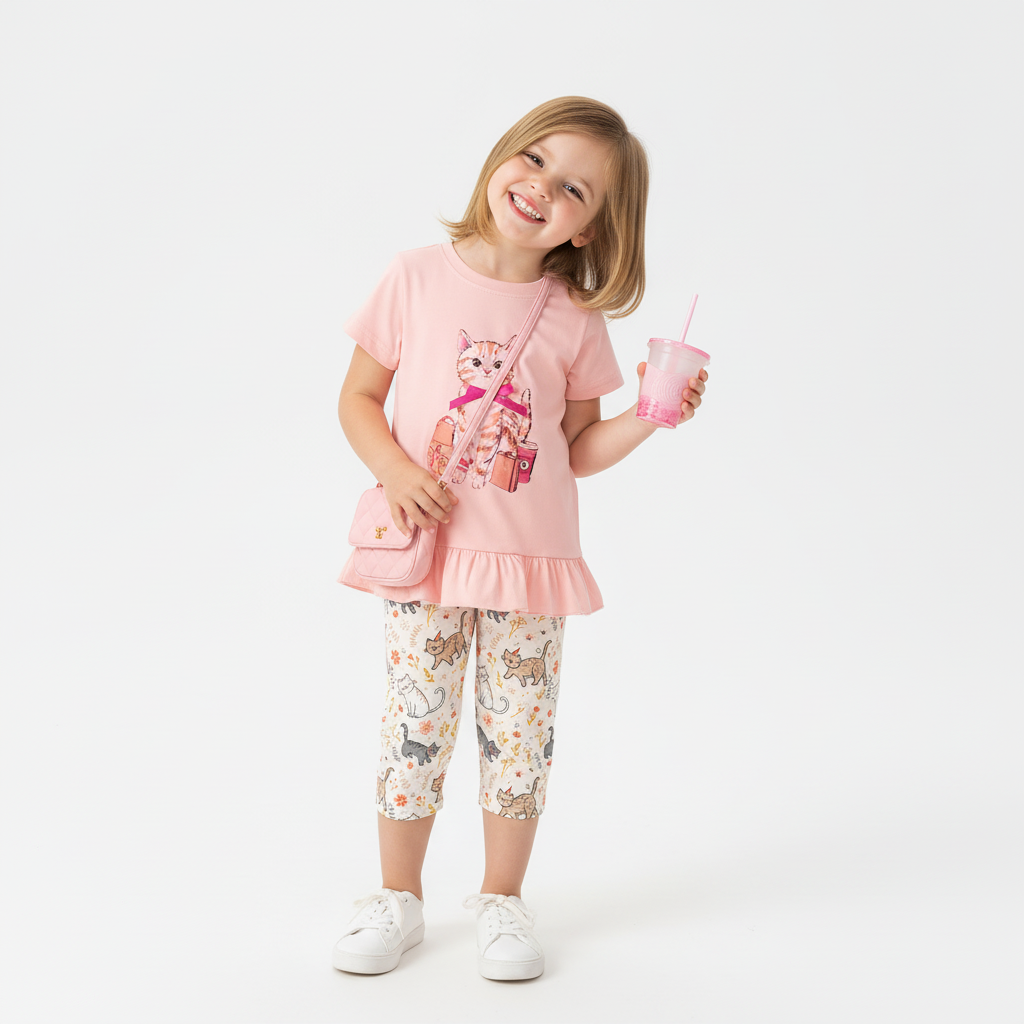 100% Cotton Pink Cat Ruffle Top & Capri Leggings Set