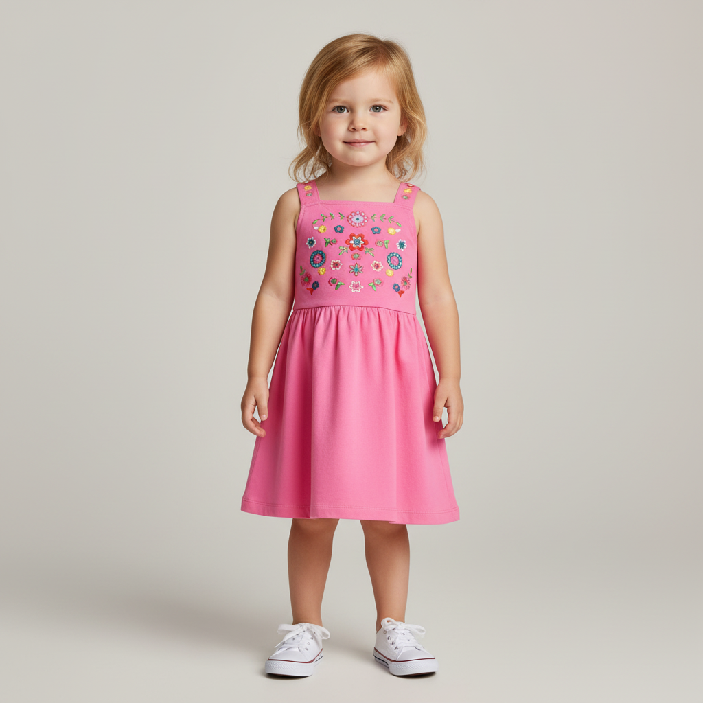 100% Cotton Pink Embroidered Floral Dress