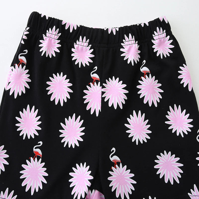 100% Cotton Flamingo Tee & Black Floral Shorts Set
