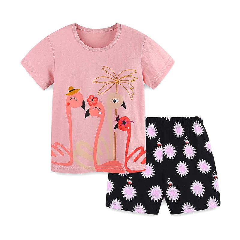 100% Cotton Flamingo Tee & Black Floral Shorts Set