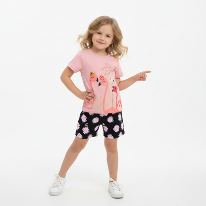 100% Cotton Flamingo Tee & Black Floral Shorts Set