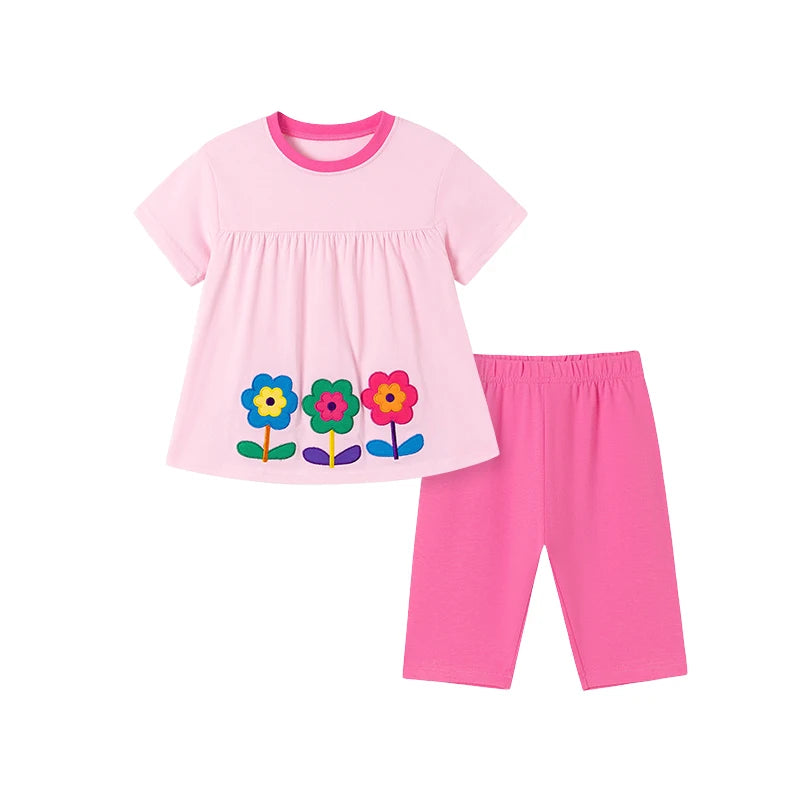 100% Cotton Pink Floral Appliqué Top & Legging Set