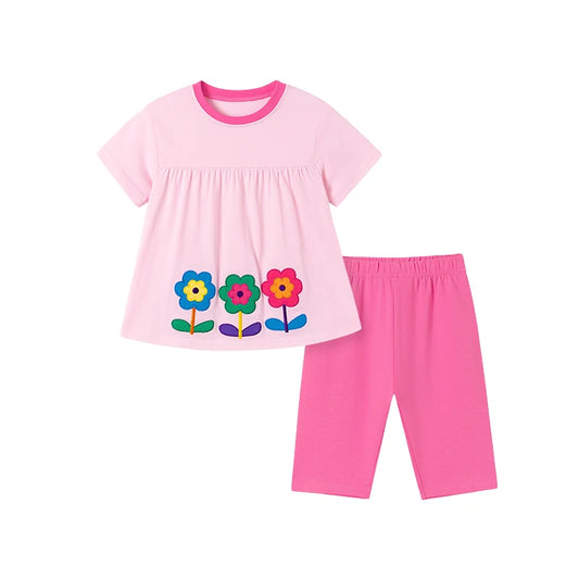 100% Cotton Pink Floral Appliqué Top & Legging Set
