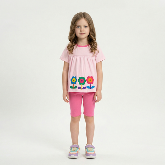 100% Cotton Pink Floral Appliqué Top & Legging Set