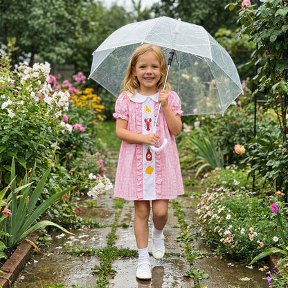 Cotton Pink Gingham Ruffle Dress With Food Patch Detail