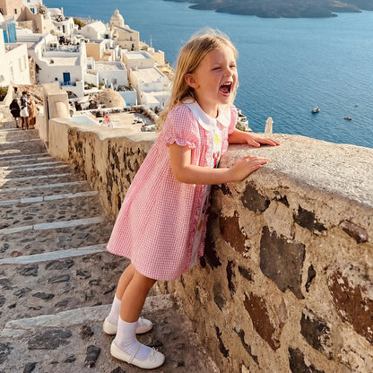 Cotton Pink Gingham Ruffle Dress With Food Patch Detail