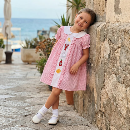 Cotton Pink Gingham Ruffle Dress With Food Patch Detail