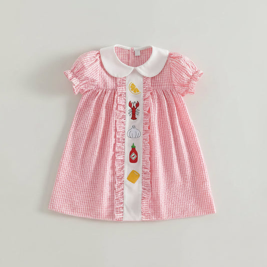 Cotton Pink Gingham Ruffle Dress With Food Patch Detail