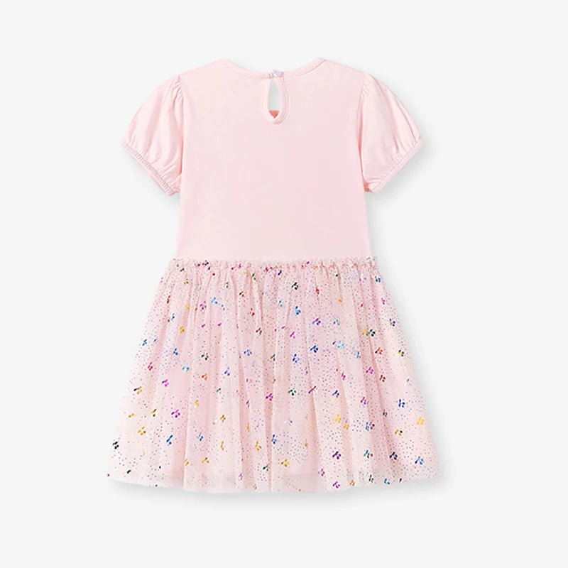 100% Cotton Pink Glitter Tulle Skirt Dress With Puff Sleeves