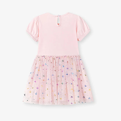 100% Cotton Pink Glitter Tulle Skirt Dress With Puff Sleeves