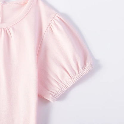 100% Cotton Pink Glitter Tulle Skirt Dress With Puff Sleeves