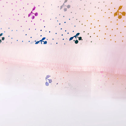 100% Cotton Pink Glitter Tulle Skirt Dress With Puff Sleeves