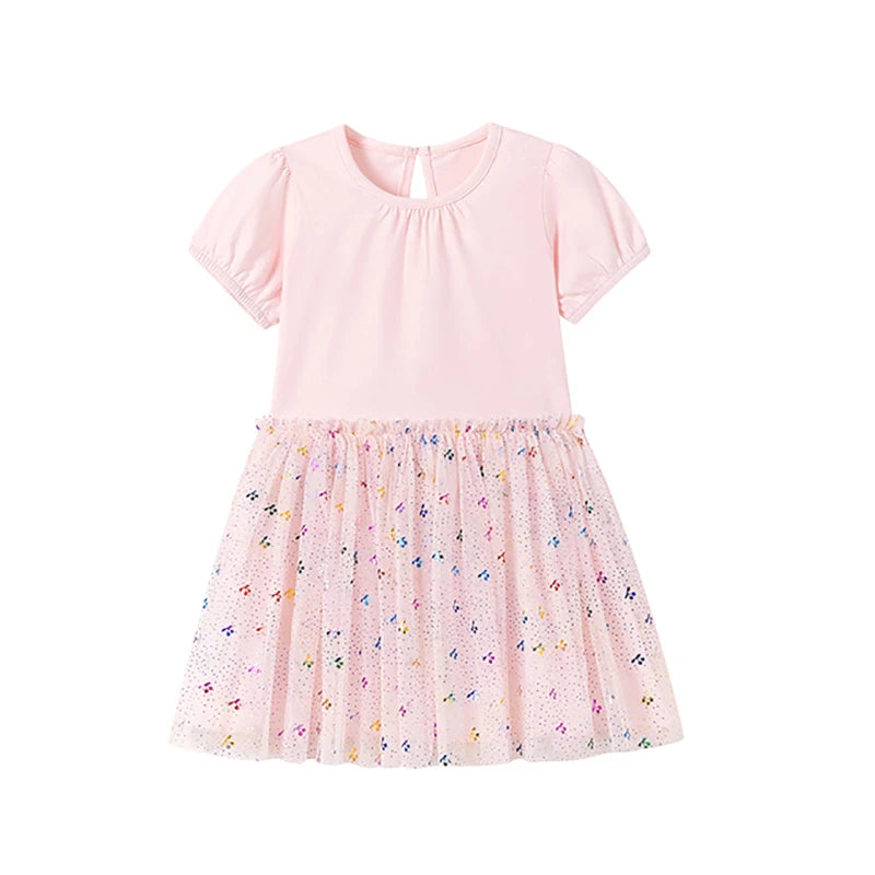 100% Cotton Pink Glitter Tulle Skirt Dress With Puff Sleeves