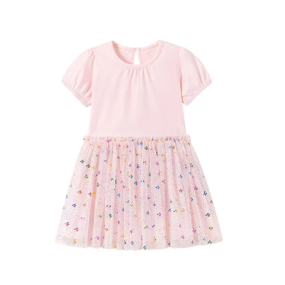 100% Cotton Pink Glitter Tulle Skirt Dress With Puff Sleeves