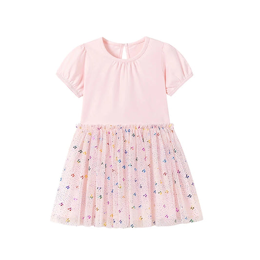 100% Cotton Pink Glitter Tulle Skirt Dress With Puff Sleeves