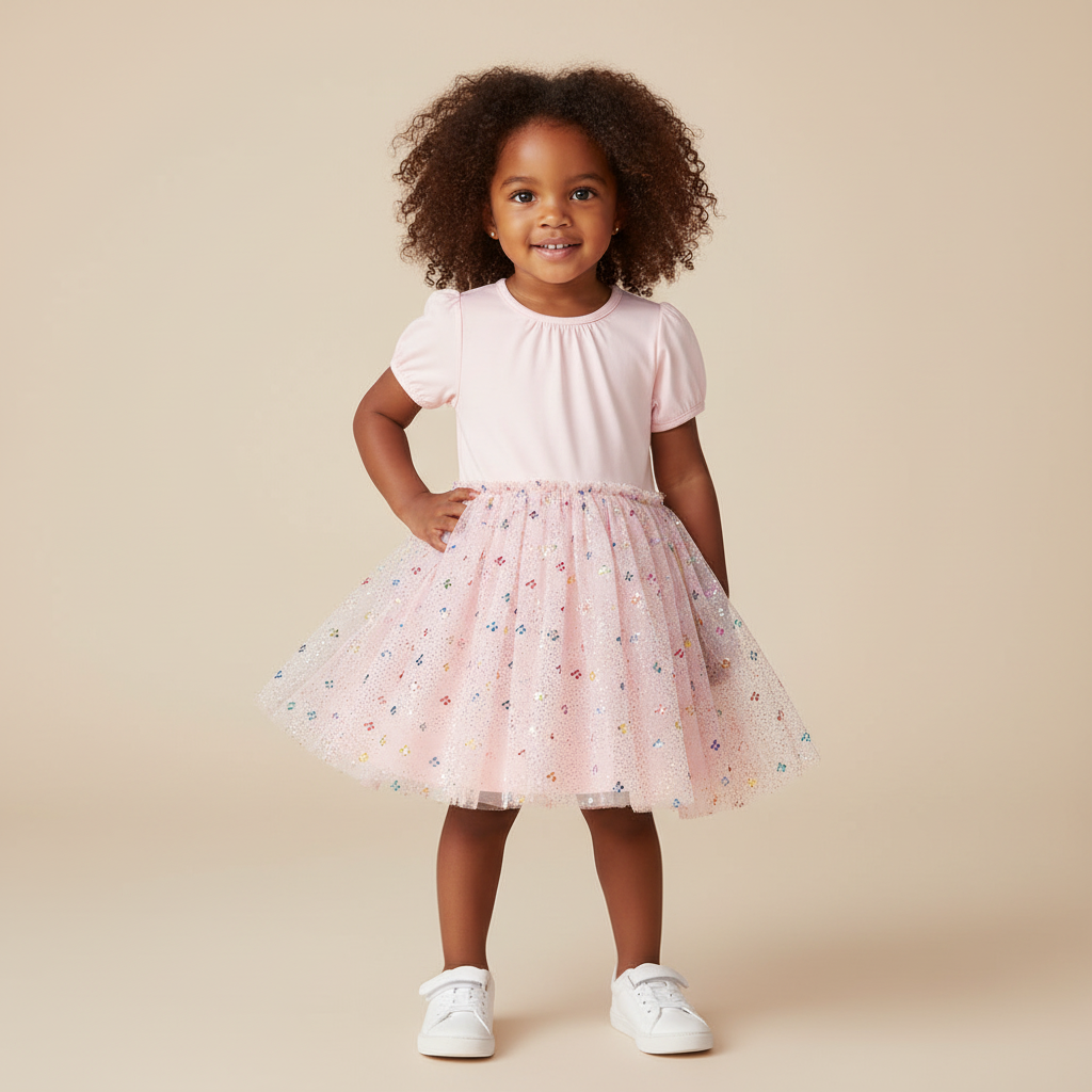 100% Cotton Pink Glitter Tulle Skirt Dress With Puff Sleeves