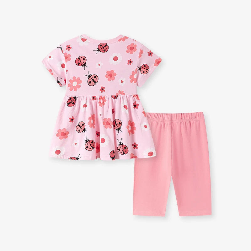100% Cotton Pink Ladybug Floral Top & Shorts Set