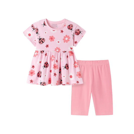 100% Cotton Pink Ladybug Floral Top & Shorts Set