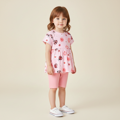 100% Cotton Pink Ladybug Floral Top & Shorts Set