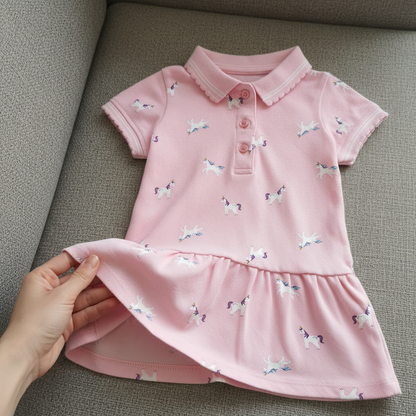 100% Cotton Pink Polo Dress With Unicorn Print