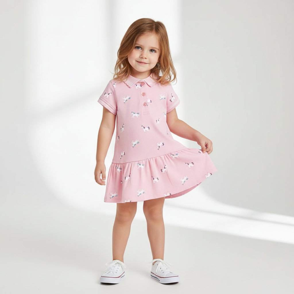 100% Cotton Pink Polo Dress With Unicorn Print