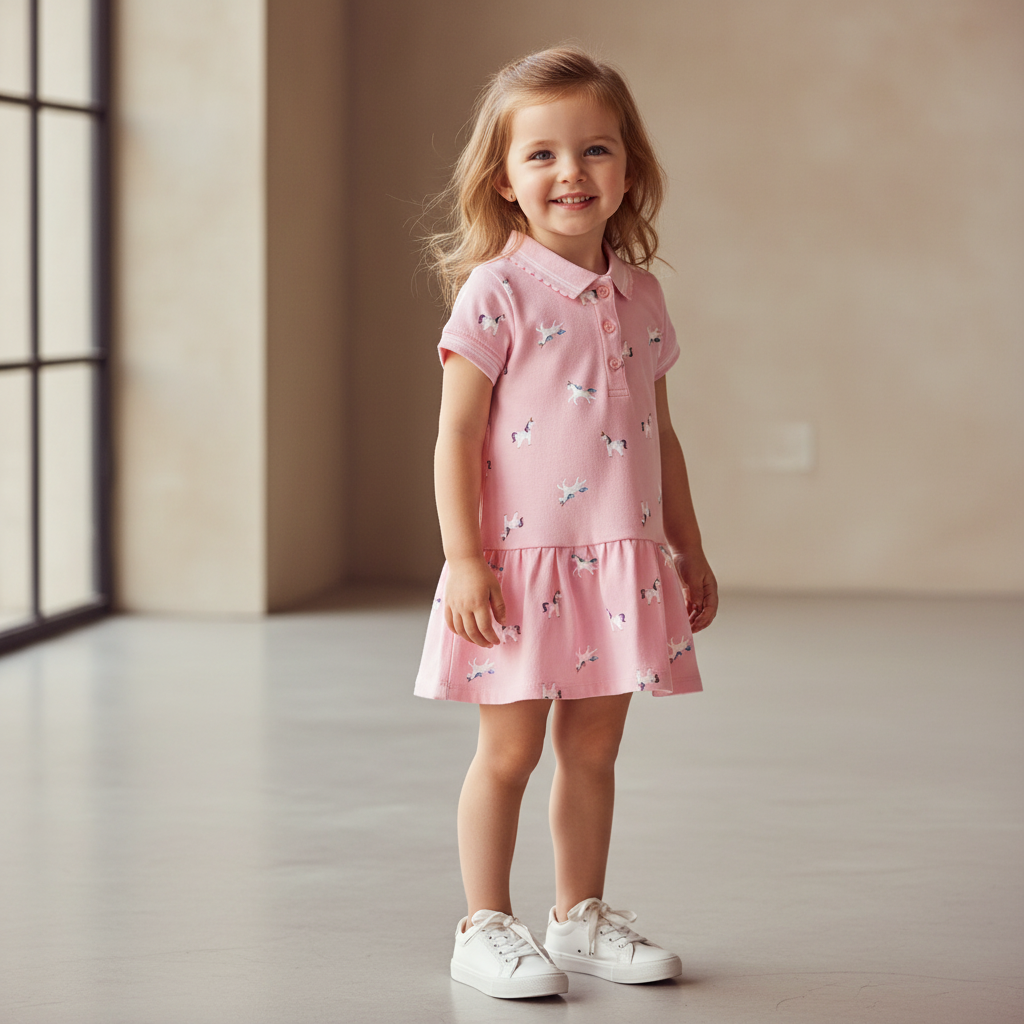 100% Cotton Pink Polo Dress With Unicorn Print
