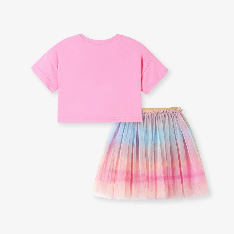 100% Cotton Pink Rainbow Cloud Crop Top & Pastel Ombre Tulle Skirt