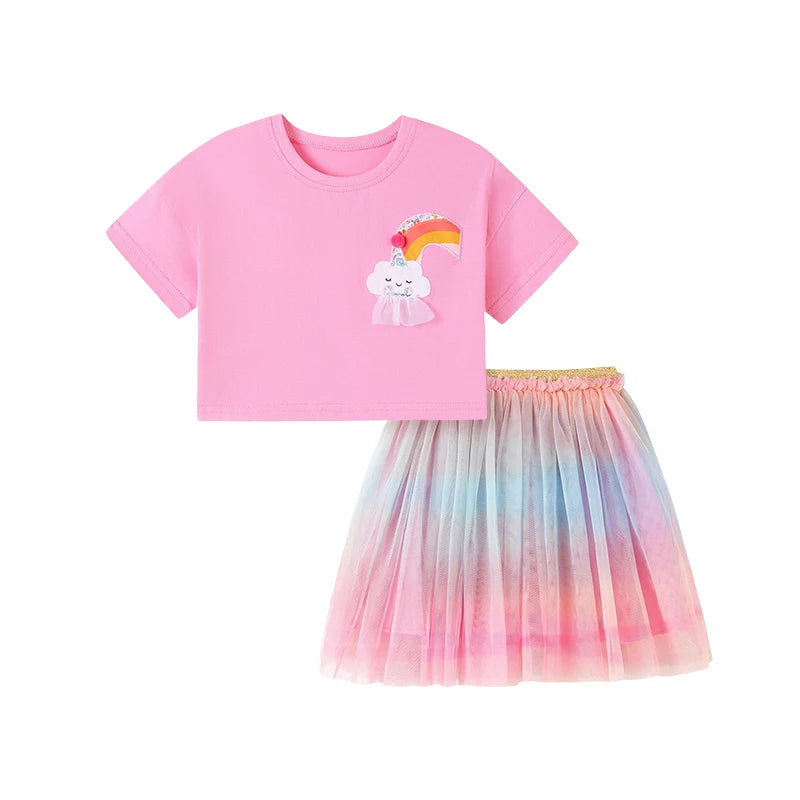 100% Cotton Pink Rainbow Cloud Crop Top & Pastel Ombre Tulle Skirt