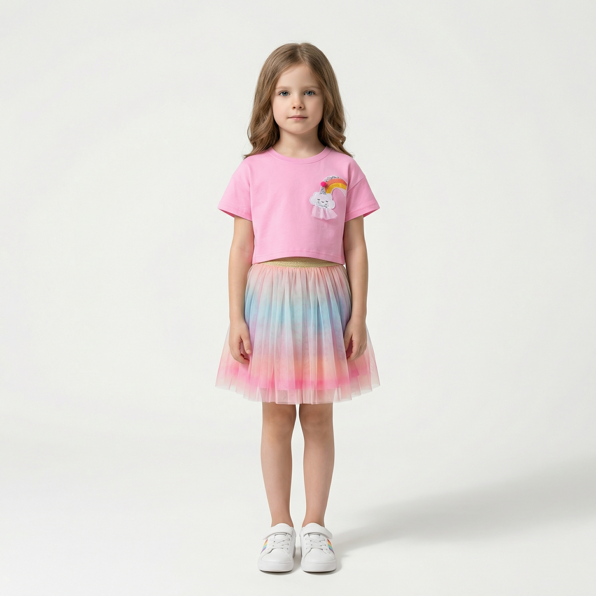 100% Cotton Pink Rainbow Cloud Crop Top & Pastel Ombre Tulle Skirt