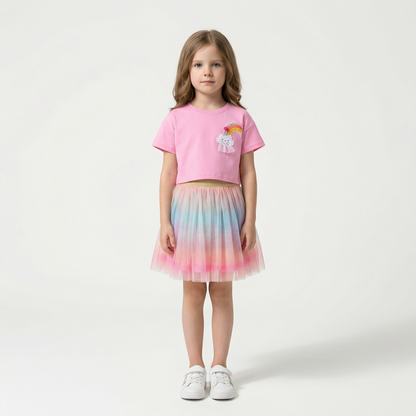 100% Cotton Pink Rainbow Cloud Crop Top & Pastel Ombre Tulle Skirt