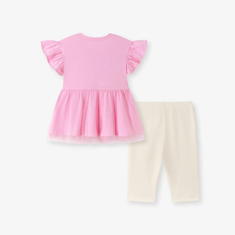 100% Cotton Rainbow Dress & White Ribbed Leggings Set