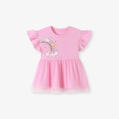 100% Cotton Rainbow Dress & White Ribbed Leggings Set