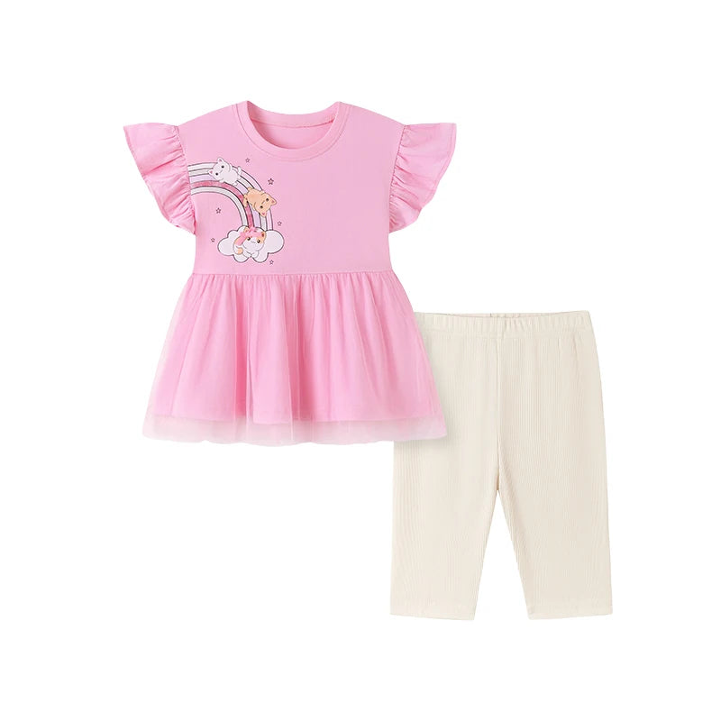 100% Cotton Rainbow Dress & White Ribbed Leggings Set
