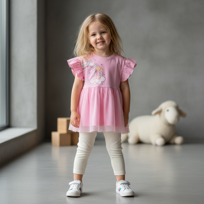 100% Cotton Rainbow Dress & White Ribbed Leggings Set