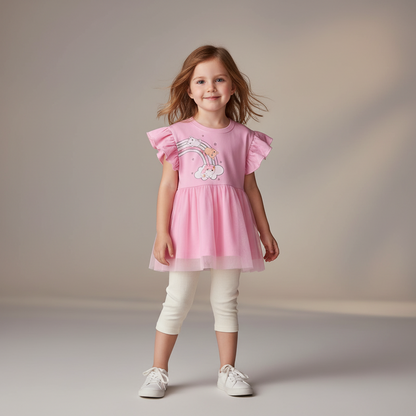 100% Cotton Rainbow Dress & White Ribbed Leggings Set