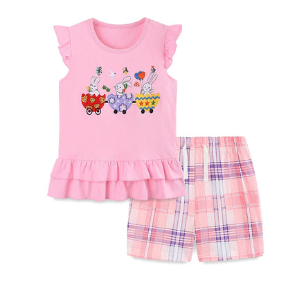 100% Cotton Pink Ruffle Sleeve Top & Bunny Print Bloomer Set