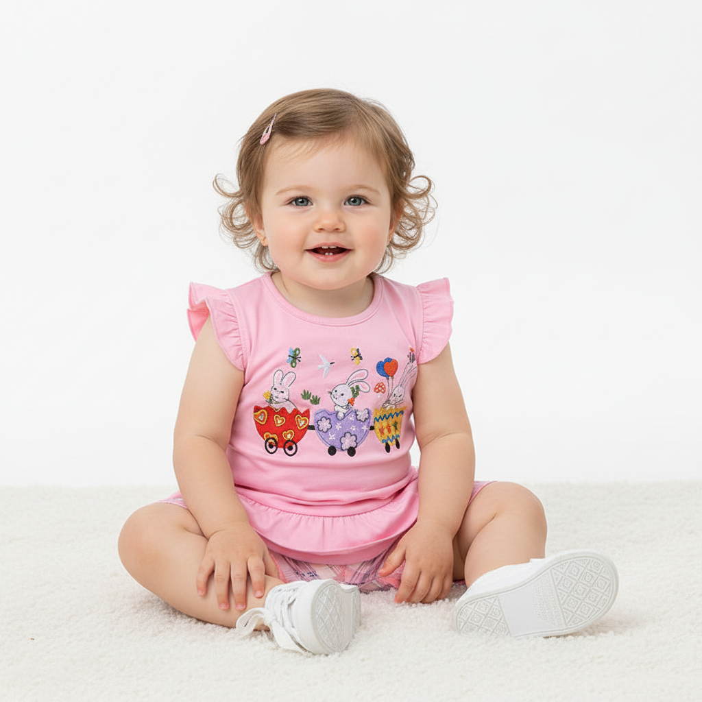 100% Cotton Pink Ruffle Sleeve Top & Bunny Print Bloomer Set