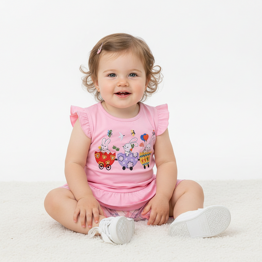 100% Cotton Pink Ruffle Sleeve Top & Bunny Print Bloomer Set