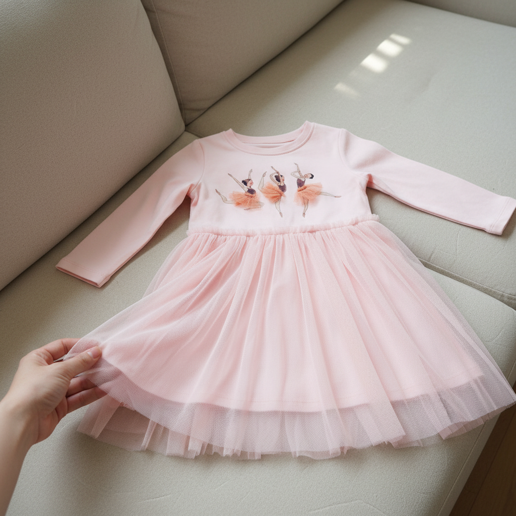 100% Cotton Pink Tulle Dress With Ballerina Applique