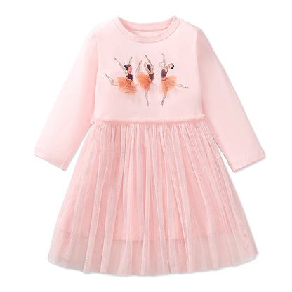100% Cotton Pink Tulle Dress With Ballerina Applique