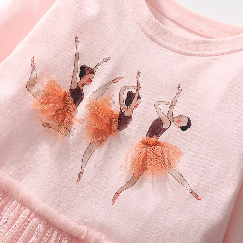 100% Cotton Pink Tulle Dress With Ballerina Applique