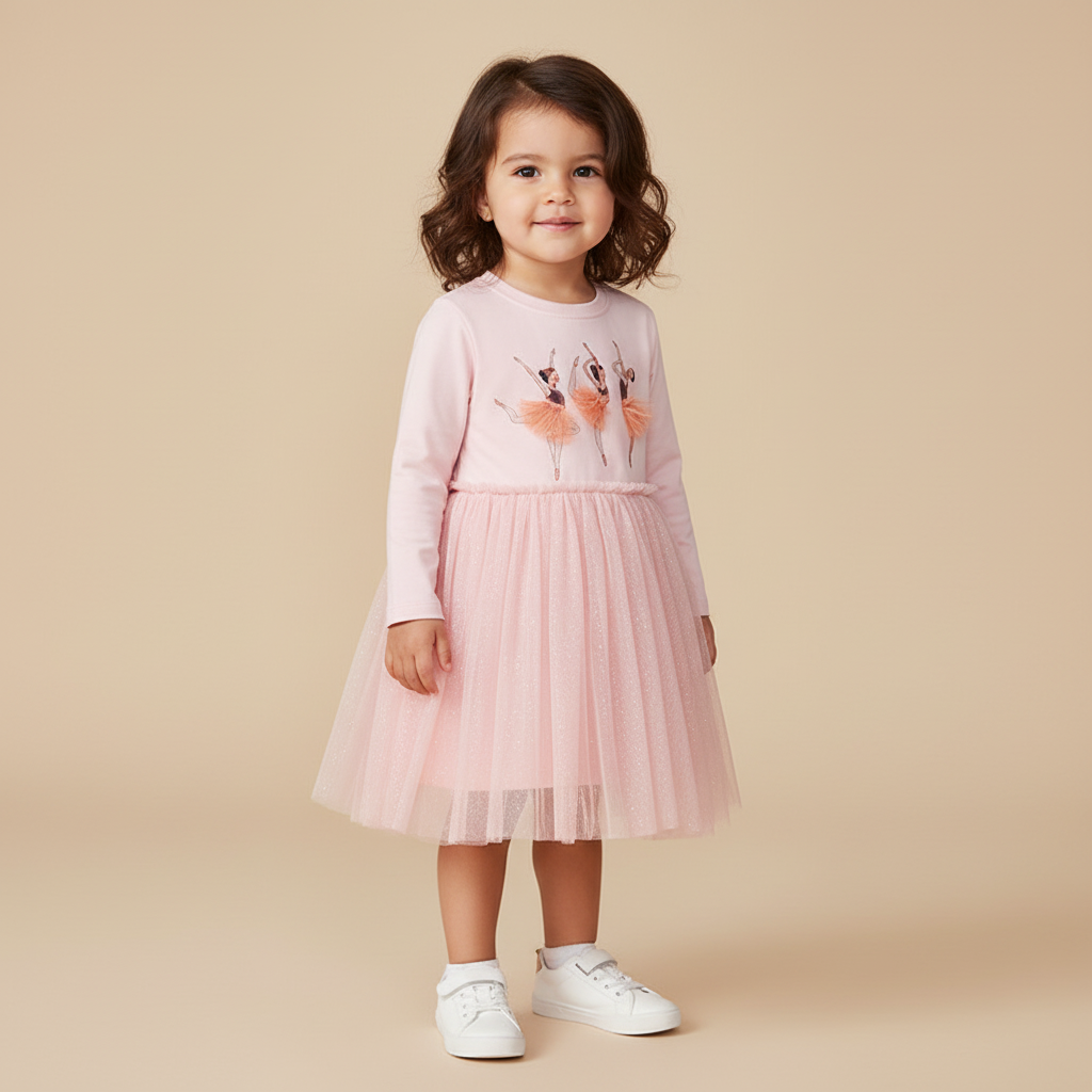 100% Cotton Pink Tulle Dress With Ballerina Applique